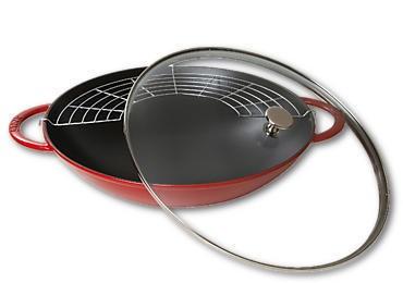 Wokpande støbejern STAUB med låg - rød, 37 cm