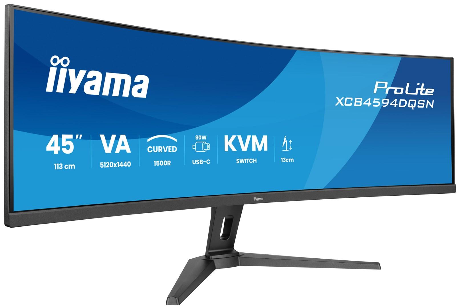 Skærm ultrabred 45" iiyama ProLite Dual QHD, 165 Hz, VA, kurvet 1500R, USB‑C 90 W, KVM, LAN, højdejusterbar