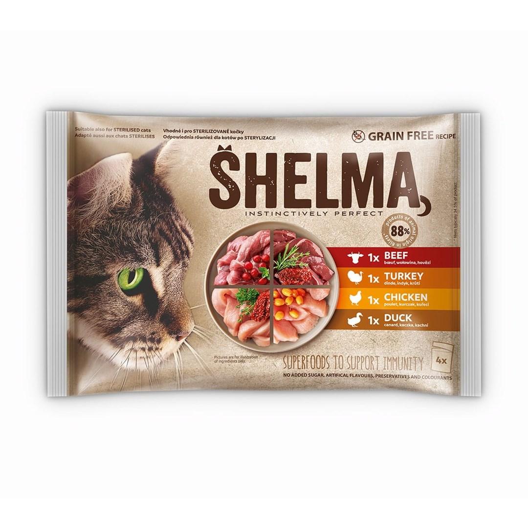 Vådfoder til kat – SHELMA kylling, kalkun, okse & and, 4×85 g billede