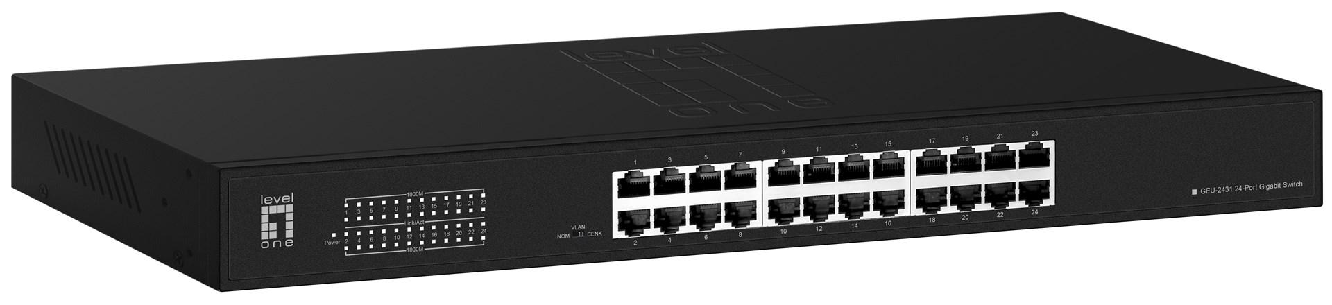 Netværksswitch LevelOne 24-port Gigabit, 1U rack, unmanaged, sort billede