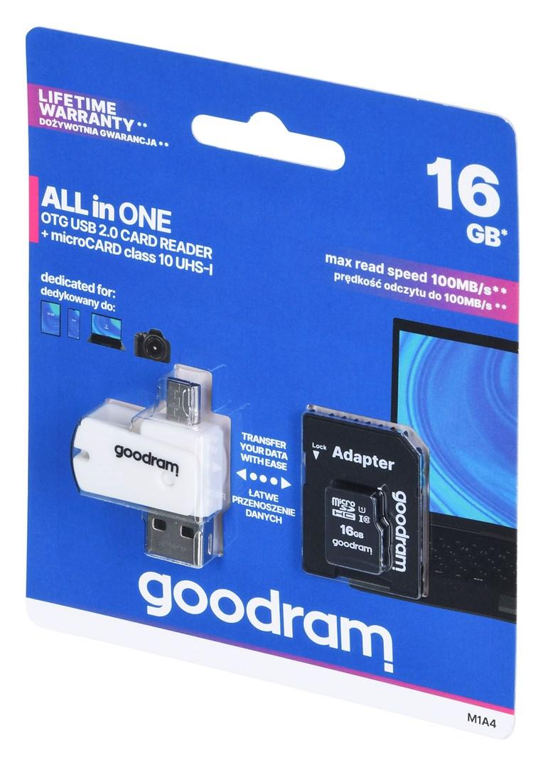 MicroSDHC hukommelseskort 16 GB – Goodram Class 10 UHS‑I med adaptere billede