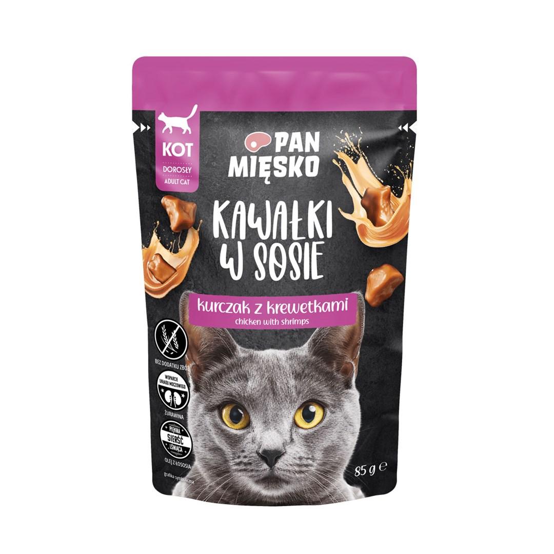 Vådfoder til kat – PAN MIĘSKO stykker i sovs, kylling med rejer, 85 g billede