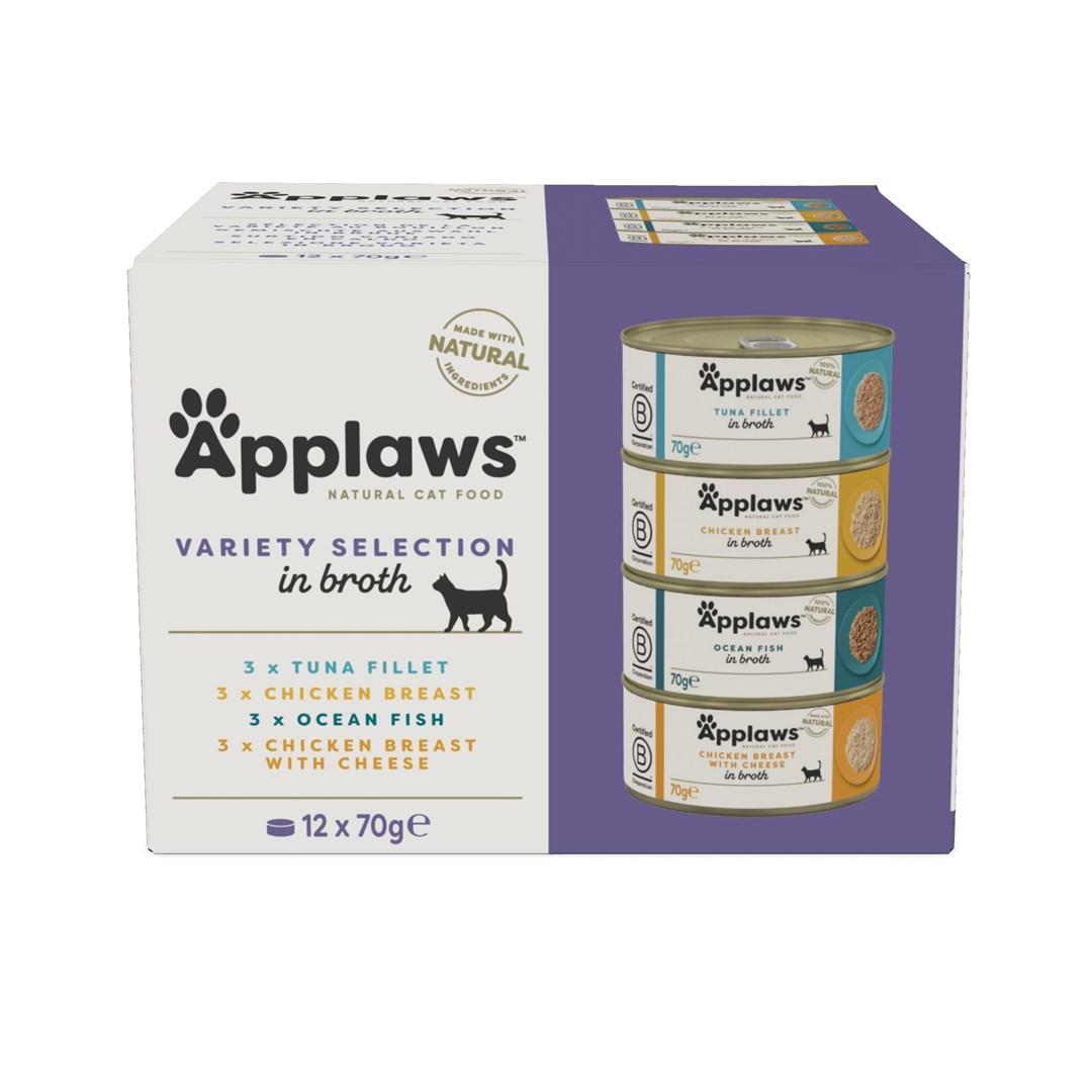 Vådfoder til kat - Applaws Variety Selection i bouillon, 12×70 g
