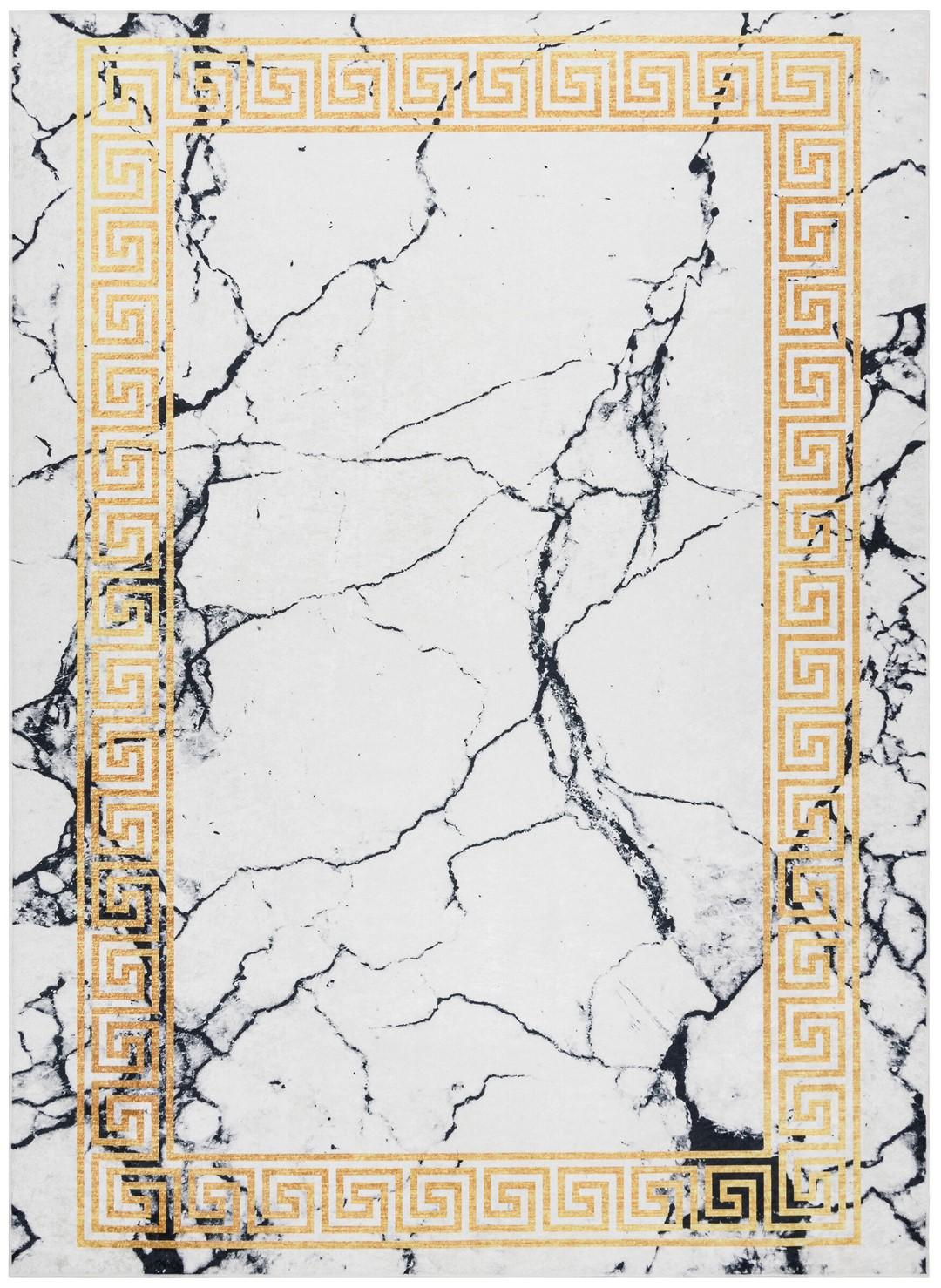 Gulvtæppe Hakano Arlen Marble4 120×170 - hvid marmorlook og gylden bort billede