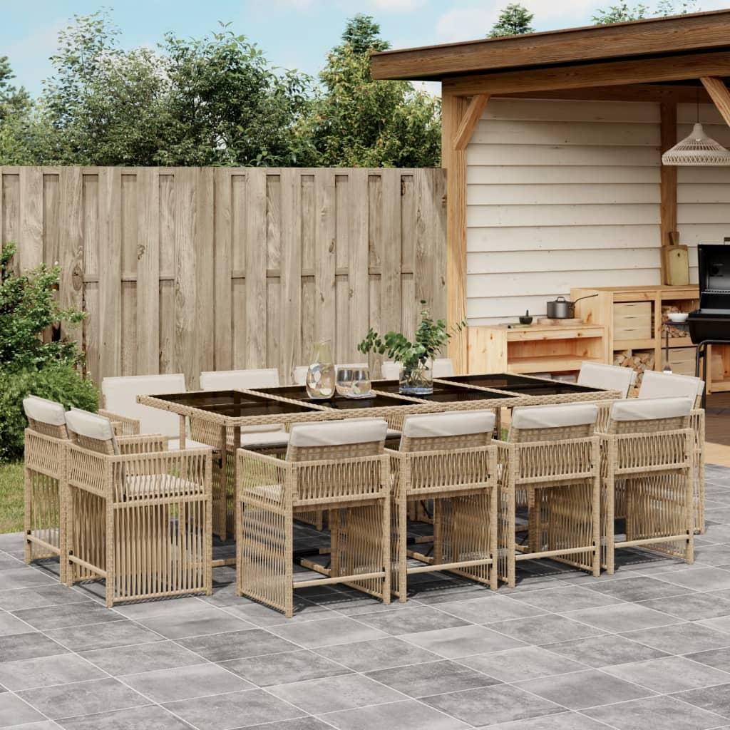 Spisebordssæt til haven 13 dele med hynder polyrattan beige billede