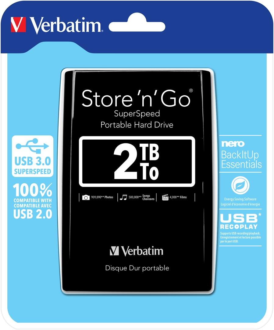 Ekstern harddisk USB 3.0 - Verbatim Store 'n' Go 2 TB, sort billede