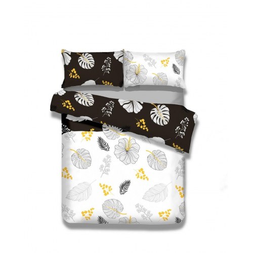 Sengetøj sæt fløjl/flammel SNUGGY brun med plantemotiv 155x220 cm + 80x80 cm (2+2) - AmeliaHome