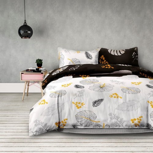 Sengetøj sæt fløjl/flammel SNUGGY brun med plantemotiv 155x220 cm + 80x80 cm (2+2) - AmeliaHome