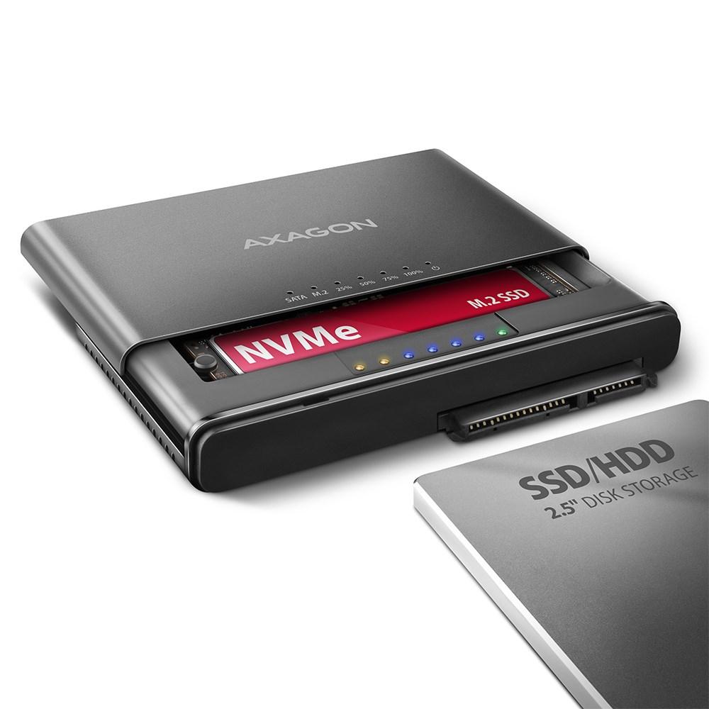 Eksternt kabinet USB-C 10 Gbps - AXAGON NVMe M.2 & SATA 2,5"/3,5" CLONE MASTER 2 - sort