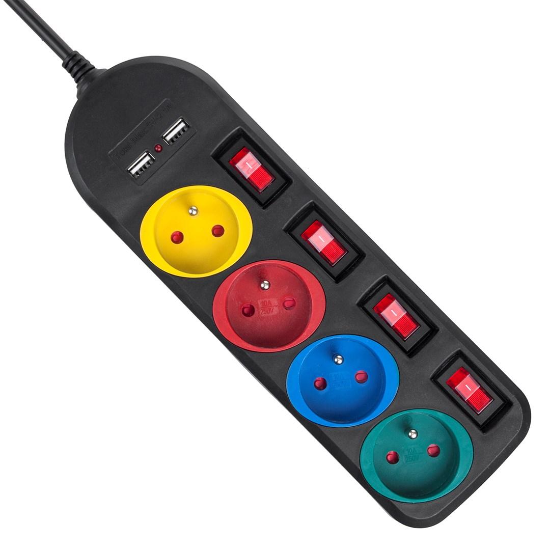 Stikdåse med afbrydere 4 udtag + 2x USB – Maclean, 1,5 m, sort billede