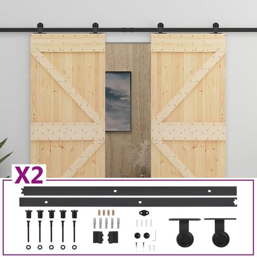 Skydedør med monteringssæt 80x210 cm massivt fyrretræ