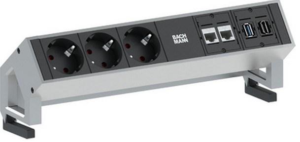 Stikdåse til bord - Bachmann 3x Schuko, 2x CAT6, 1x HDMI, 1x USB 3.0, 1,5 m - sort/rustfrit stål billede