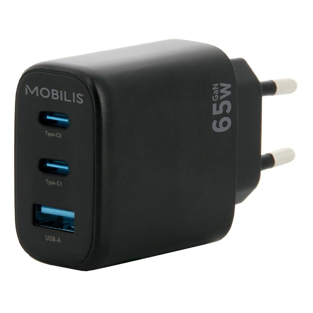 USB oplader 65 W GaN - Mobilis - 2x USB-C + USB-A - Sort