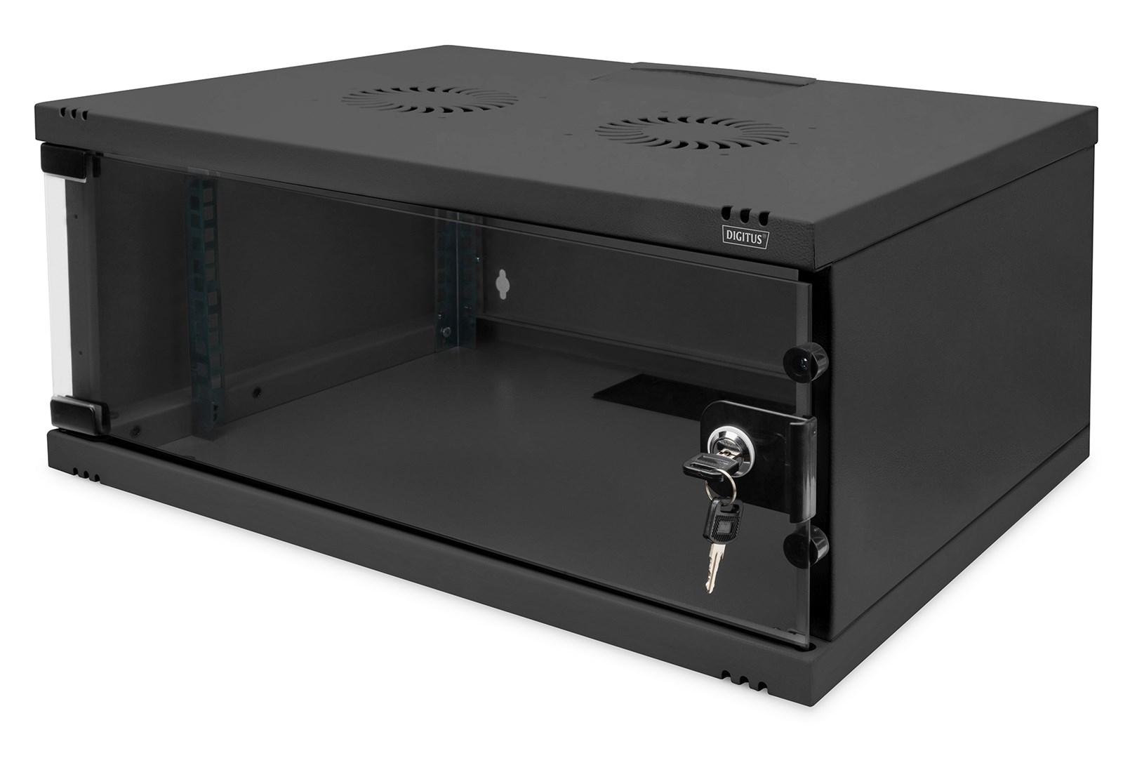 Netværksskabs vægmonteret 19" 4U – DIGITUS, glasdør, sort, 24,1 × 54 × 40 cm, 60 kg billede
