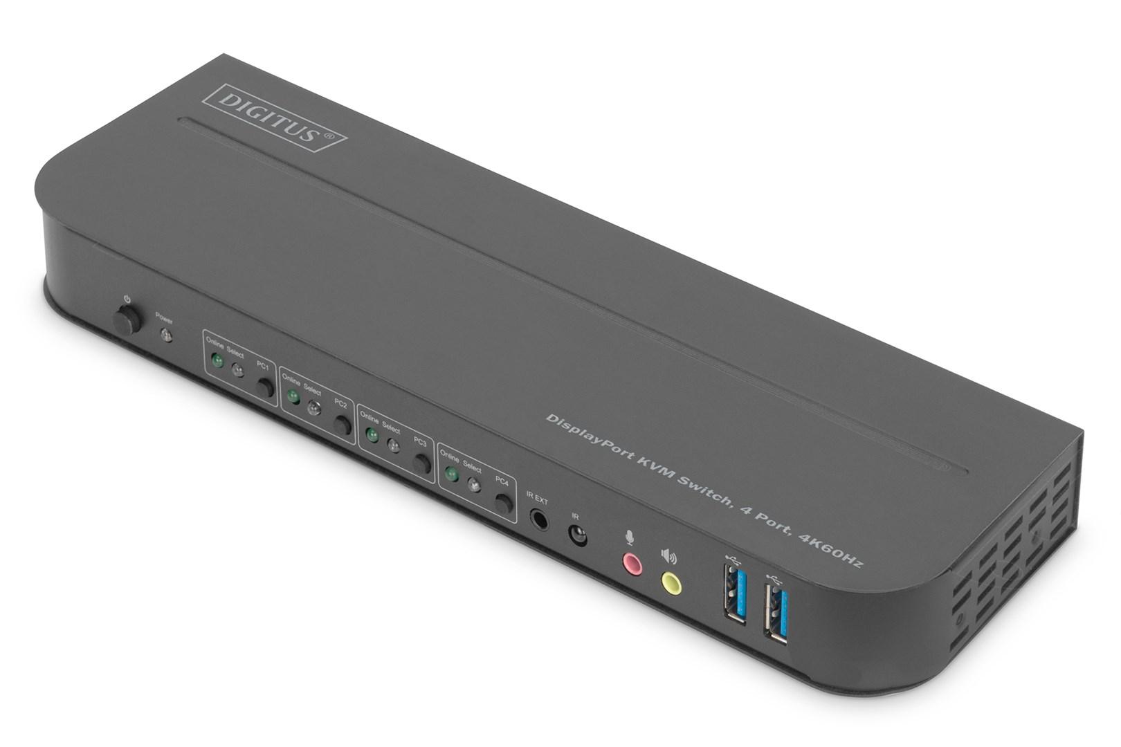 KVM-switch DisplayPort 4-port 4K60Hz – DIGITUS, 4 x DP ind, 1 x DP/HDMI ud billede