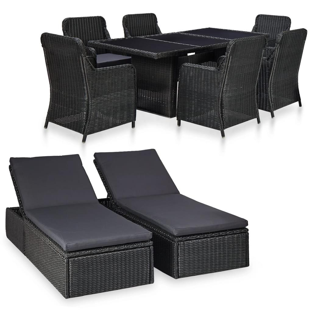 Udendørs spisebordssæt 9 dele polyrattan sort