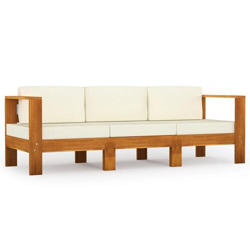 3-personers havesofa med cremehvide hynder massivt akacietræ