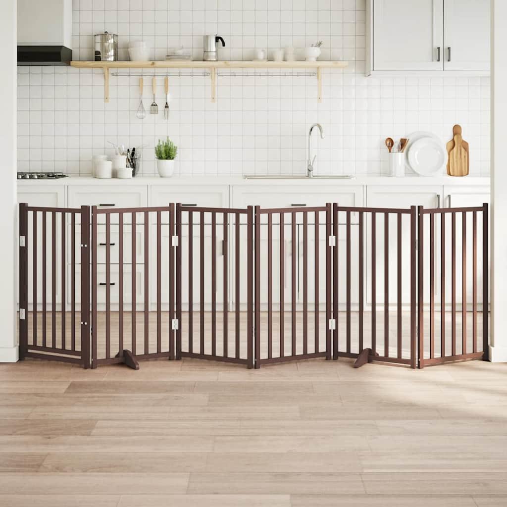 Hundelåge m. dør 6 paneler 300 cm foldbar massivt gran brunt eg billede