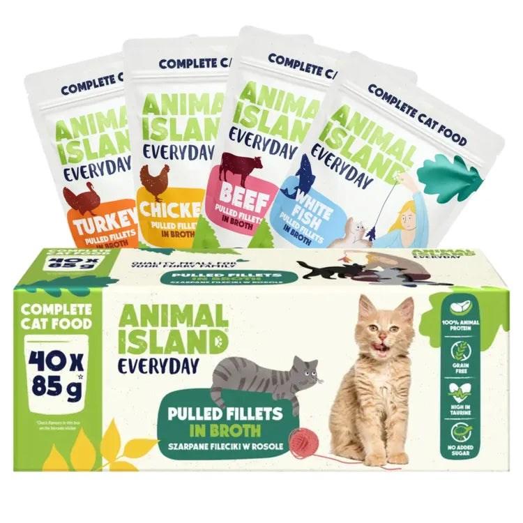 Vådfoder til kat – ANIMAL ISLAND Everyday filéter i bouillon, okse, kylling, kalkun og hvid fisk – 40 x 85 g billede