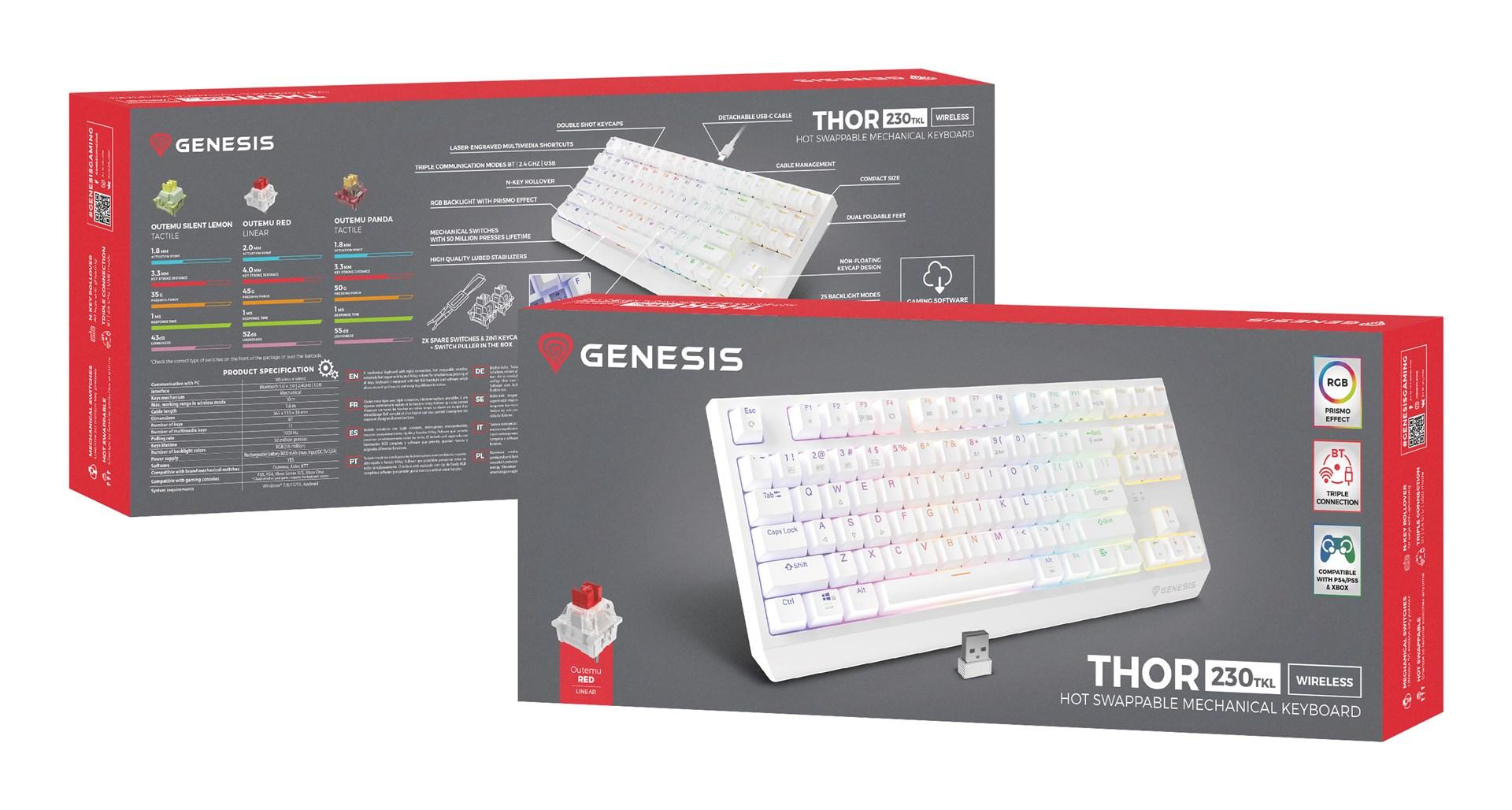 Gaming tastatur GENESIS Thor 230 TKL – mekanisk, hotswap, RGB, USB/2,4 GHz/Bluetooth, US QWERTY, hvid billede