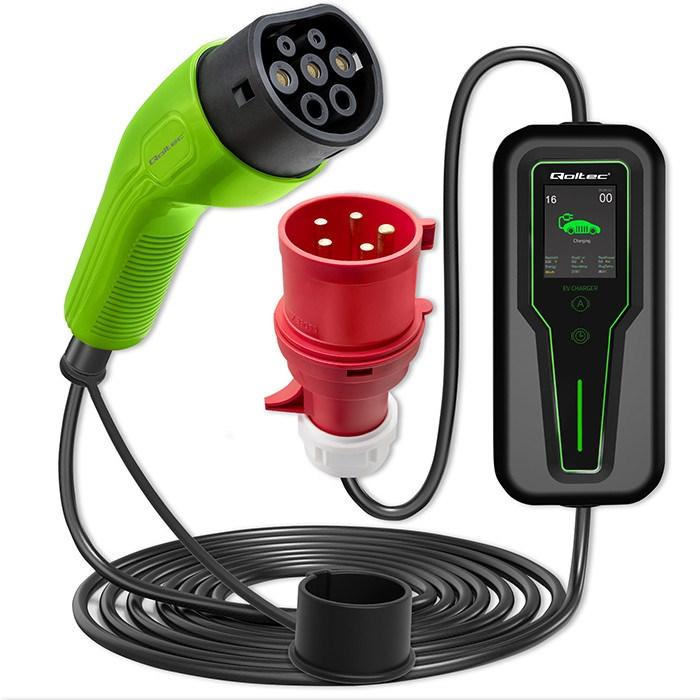 Lader til elbil type 2 - Qoltec 2i1, 11 kW, 3 faser, CEE 5-polet, LCD, 5 m, bærbar/wallbox billede