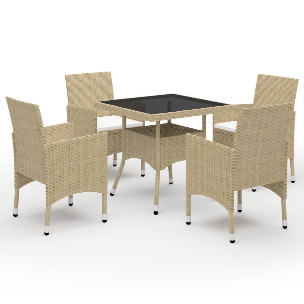 Spisebordssæt til haven 5 dele polyrattan og glas beige