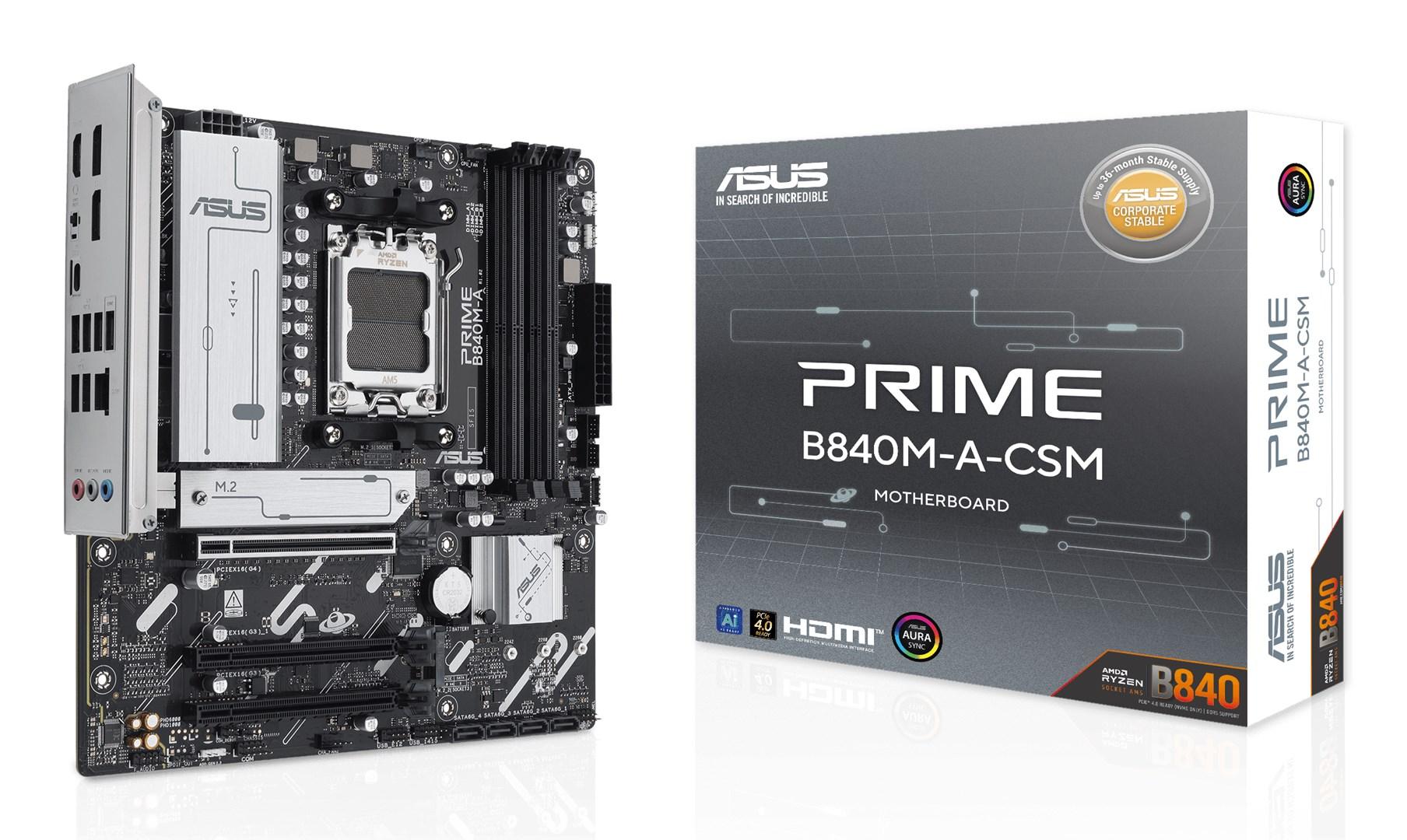 ASUS PRIME B840M-A-CSM Bundkort – mATX, Socket AM5, AMD B840, DDR5, 3x M.2, PCIe 4.0, 2.5Gb Ethernet