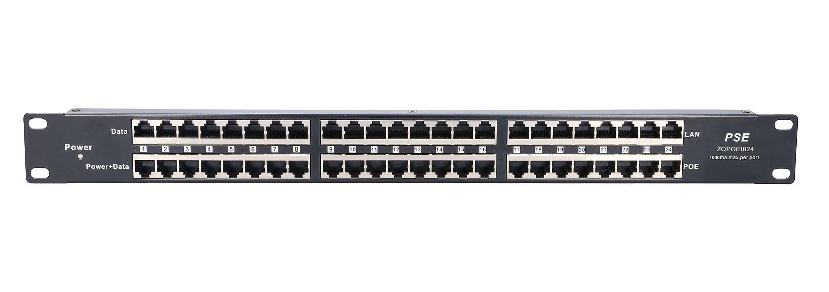 Extralink 24-port PoE-injektor til rack, 24 x 100 Mb/s RJ45, 1U, sort, Fast Ethernet