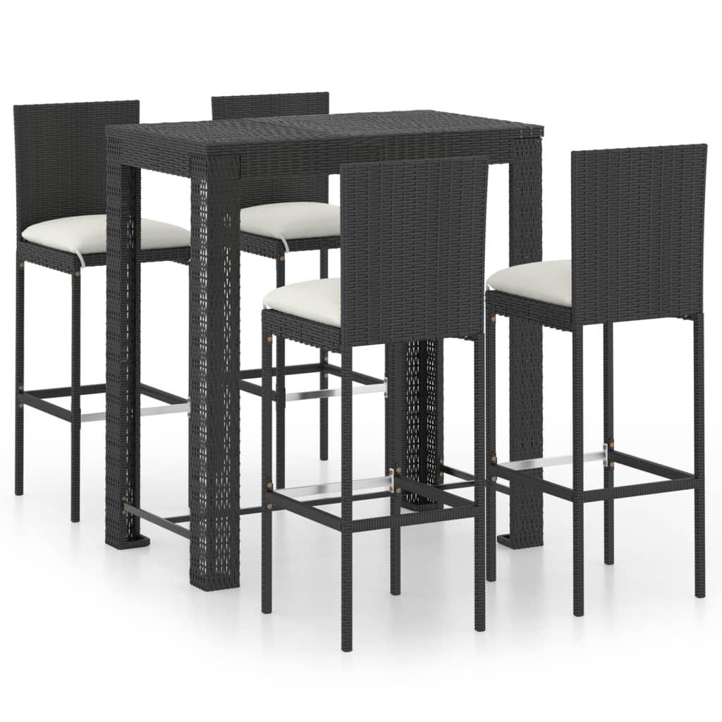 Udendørs barsæt 5 dele med hynder polyrattan sort