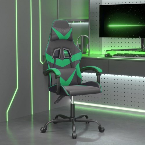 Drejelig gamingstol i kunstlæder - sort og grøn med massage-lændepude