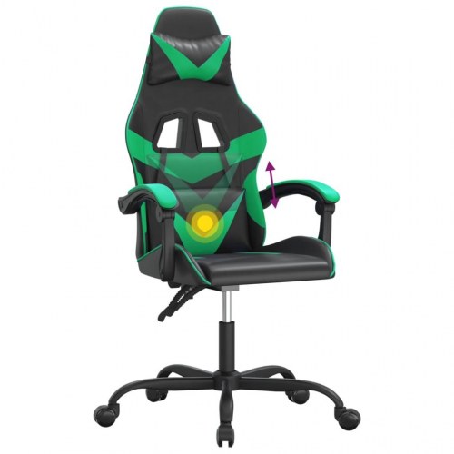 Drejelig gamingstol i kunstlæder - sort og grøn med massage-lændepude
