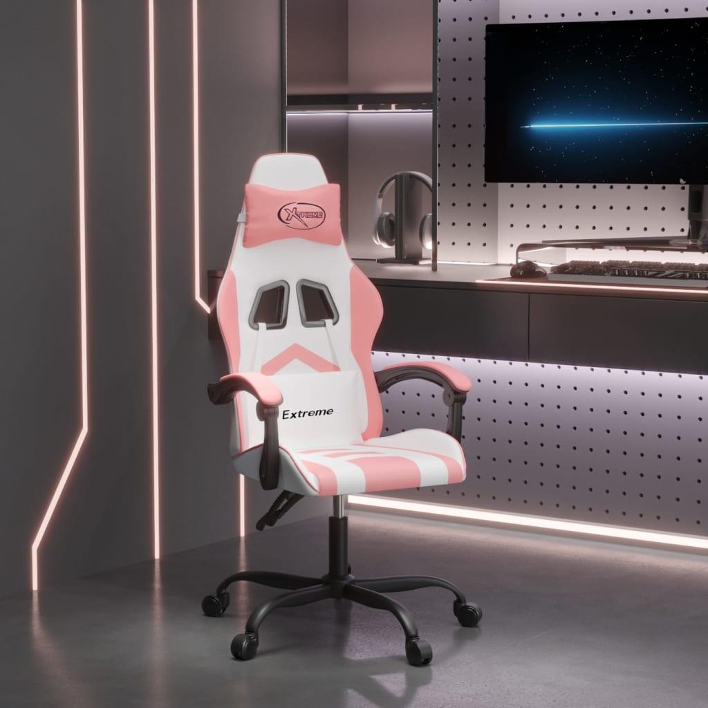 Gamingstol kunstlæder hvid og lyserød billede