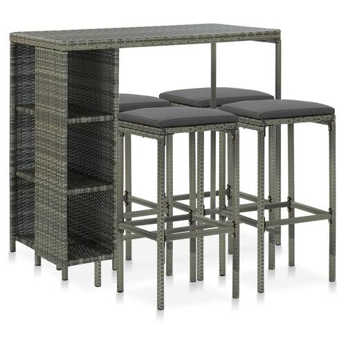 Havebarsæt 5 dele med hynder polyrattan grå