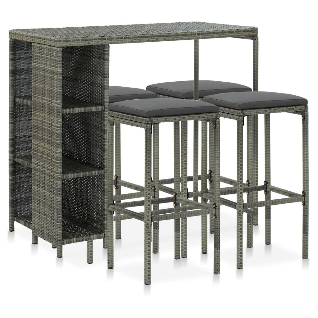 Havebarsæt 5 dele med hynder polyrattan grå