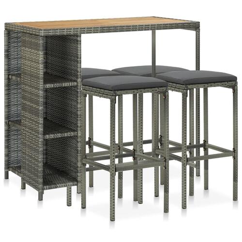 Havebarsæt 5 dele med hynder polyrattan grå