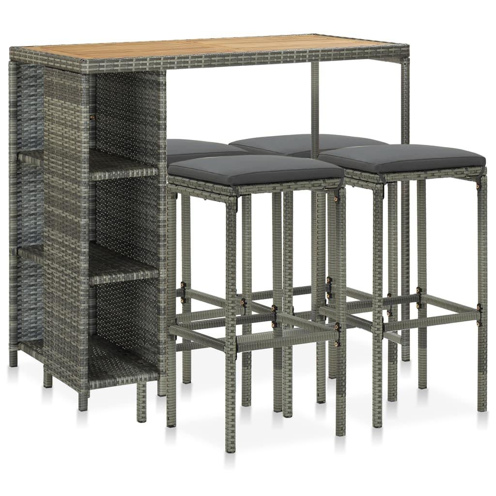 Havebarsæt 5 dele med hynder polyrattan grå