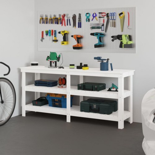 Arbejdsbord i massivt fyrretræ med hylder - 181 × 50 × 80 cm, hvid