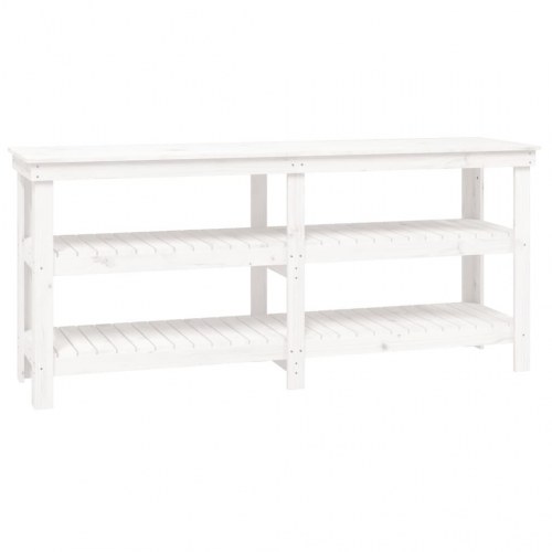 Arbejdsbord i massivt fyrretræ med hylder - 181 × 50 × 80 cm, hvid