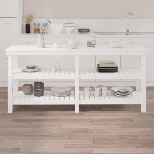 Arbejdsbord i massivt fyrretræ med hylder - 181 × 50 × 80 cm, hvid