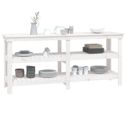 Arbejdsbord i massivt fyrretræ med hylder - 181 × 50 × 80 cm, hvid