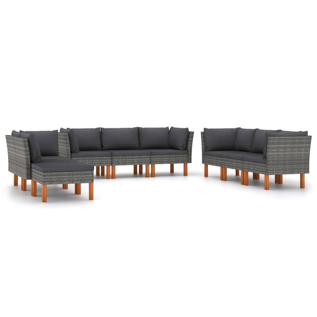 Loungesæt til haven 9 dele med hynder polyrattan grå