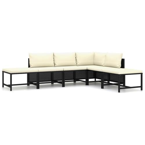 Haveloungesæt 6 dele med hynder polyrattan sort