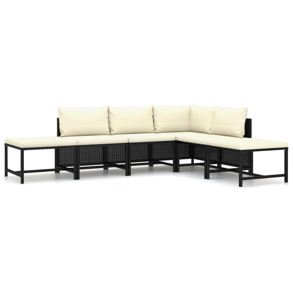 Haveloungesæt 6 dele med hynder polyrattan sort