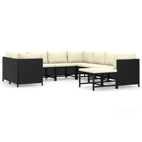 Haveloungesæt 9 dele med hynder polyrattan sort