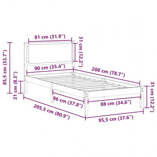 Sengestel med hovedgærde gråbrun 90 x 200 cm massivt fyrretræ