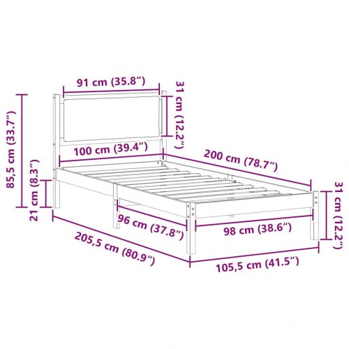 Sengestel med hovedgærde gråbrun 100 x 200 cm massiv fyrretræ