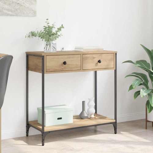 Konsolbord i artisan egetræ - 75 × 34,5 × 75 cm med skuffer og hylde