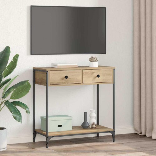 Konsolbord i artisan egetræ - 75 × 34,5 × 75 cm med skuffer og hylde