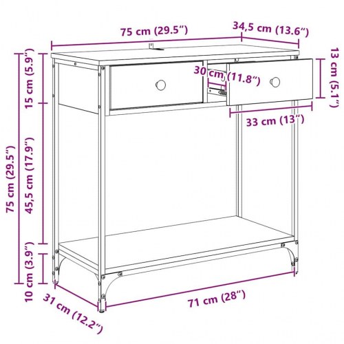 Konsolbord i artisan egetræ - 75 × 34,5 × 75 cm med skuffer og hylde