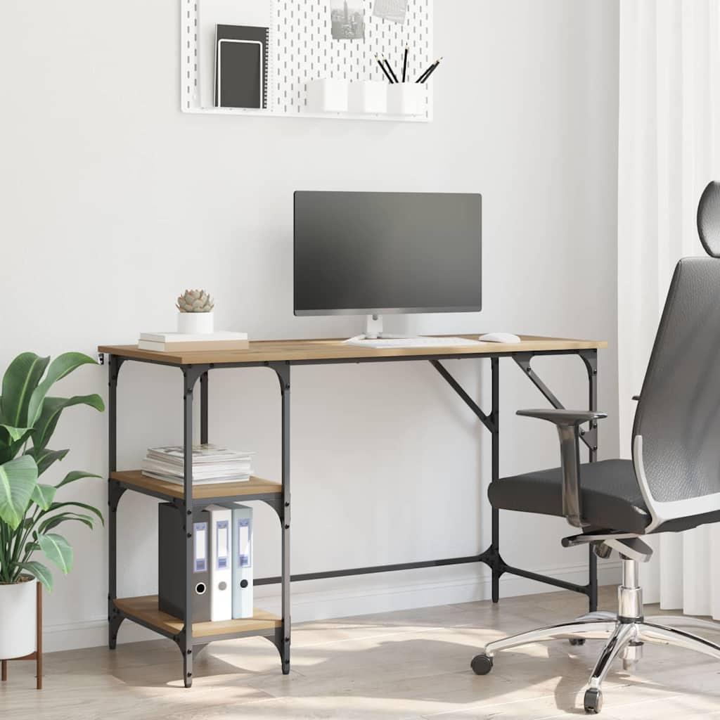 Industrielt skrivebord - Artisan egetræ, 120 × 50 × 75 cm, konstrueret træ med hylder billede
